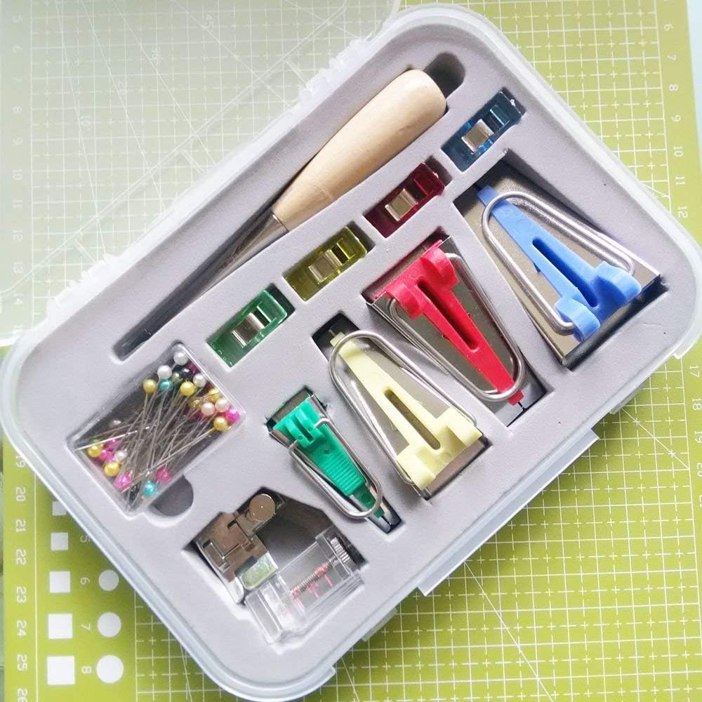 YICBOR Bias Tape Maker 6mm 12mm 18mm 25mm Fabric Bias Binding Maker with Binder Foot Bradawl Quilting Clips Sewing Pins Kit (bias Tape Maker Set)