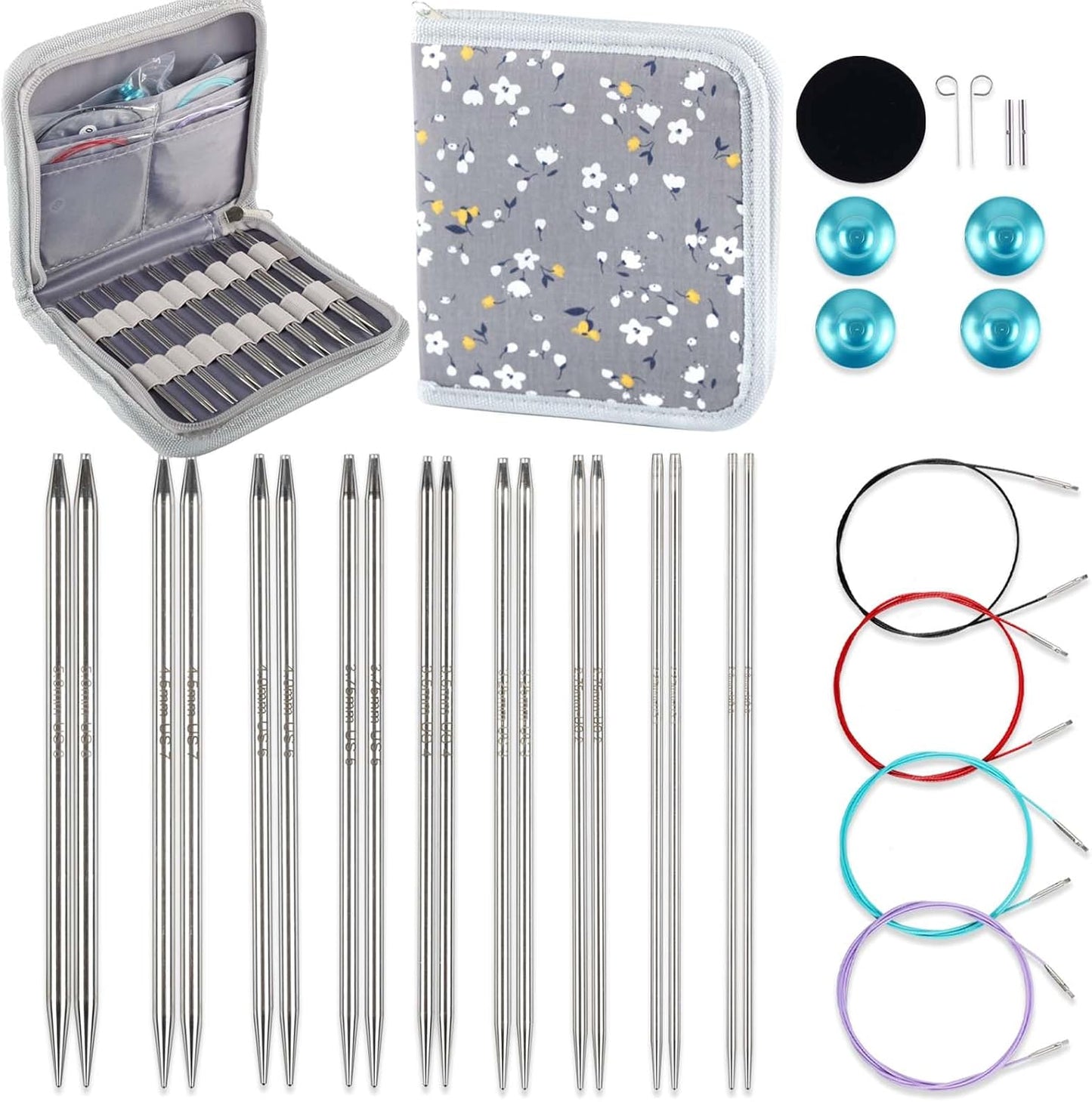 Svartur Lace Interchangeable Circular Knitting Needles, 5" Stainless Steel Interchangeable Knitting Needles Magic Loop for Socks, Gloves, US 0-8 Small Knitting Neeldes Lace-Tip with 4 Assorted Cables