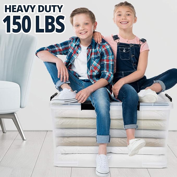 3-Pack Waterproof Plastic Storage Box, 90QT/85L Stackable Latch Box Durable Multi-Purpose Locking Bin with Lid and Black Clips for Bedding, Toys, Shoes and Clothes