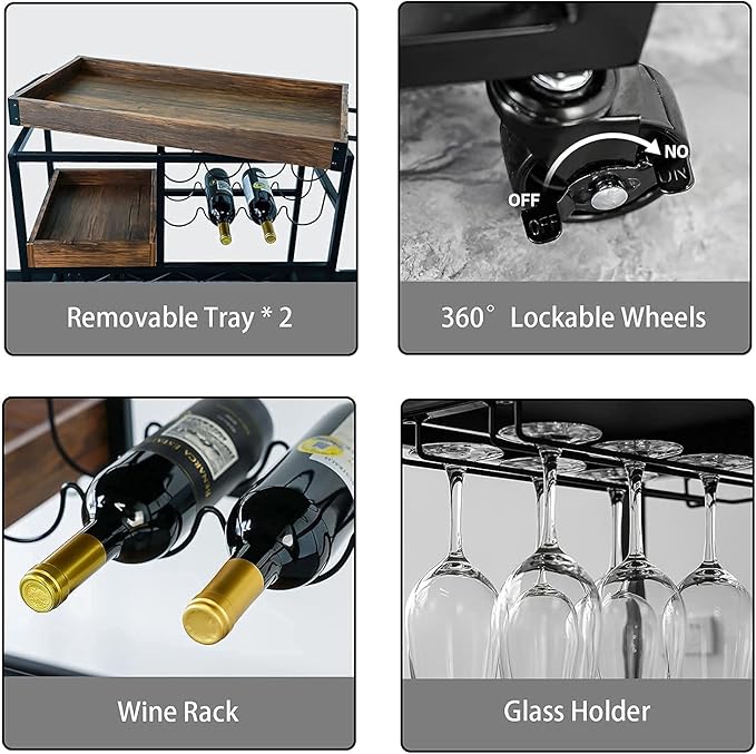 Bar Cart Industrial Mobile Kitchen Serving Carts for Home 3 Tier Storage Trolley with Wine Rack Glasses Holder Two Portable Trays Universal Casters with Brakes Rustic Rolling Cart for Indoor Outdoor