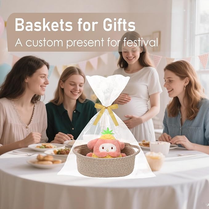 Woven Basket,Small Rope Storage Bin with Handles & Ribbon Bag, Organizer for Shelves Closets,Gift Basket Empty for Birthday,Books,Dog Toys,Oatmeal/3 Pack