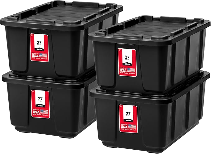 IRIS USA 4-Pack 27 Gallon Storage Bins with Lids |Made in USA| Heavy Duty Plastic Tote Containers for Truckbed Tool Box Organization, Large - Black