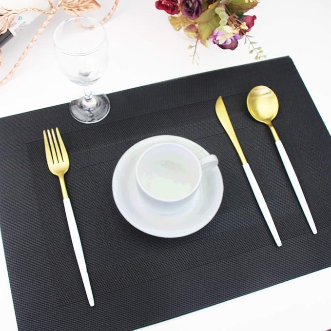 Durable Placemats Set of 4 Vinyl Heat-Resistant Table Mats Washable Plastic Placemats for Dining Table (Black)