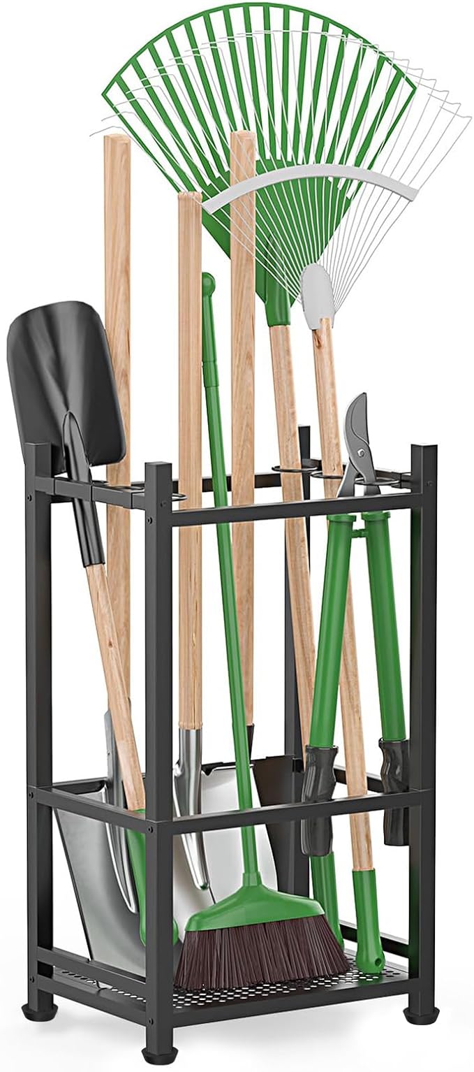 Garden Tool Organizer, Metal Yard Tool Tower Rack for Garage Organization and Storage, Heavy Duty Garden Tool Organizer for Yard, Patio, Shed, Indoors and Outdoors(Black)