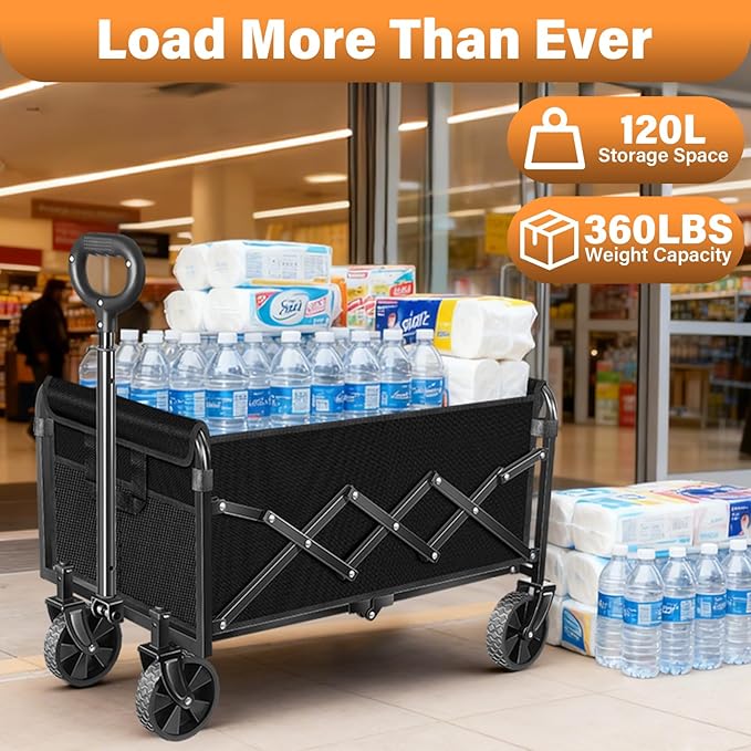 Wagons Carts Foldable, Collapsible Wagon with Wheels — Durable Folding Utility Pull Wagon Cart for Groceries, Picnic & Pets, Park Trips & Small Hauls, 360 lbs Heavy Duty Capacity,Graphite Black