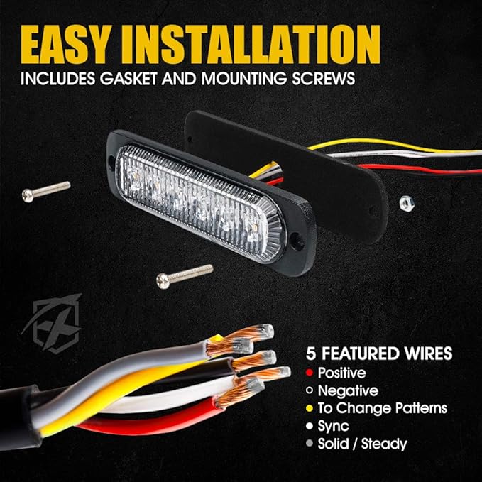Xprite 4PCS LED Emergency Strobe Lights, Amber White 6-LED Surface Mount Flashing Strobe Lights, Sync Feature Ultra Slim Grill Light for Off-Road Vehicles ATV SUV Trucks Cars