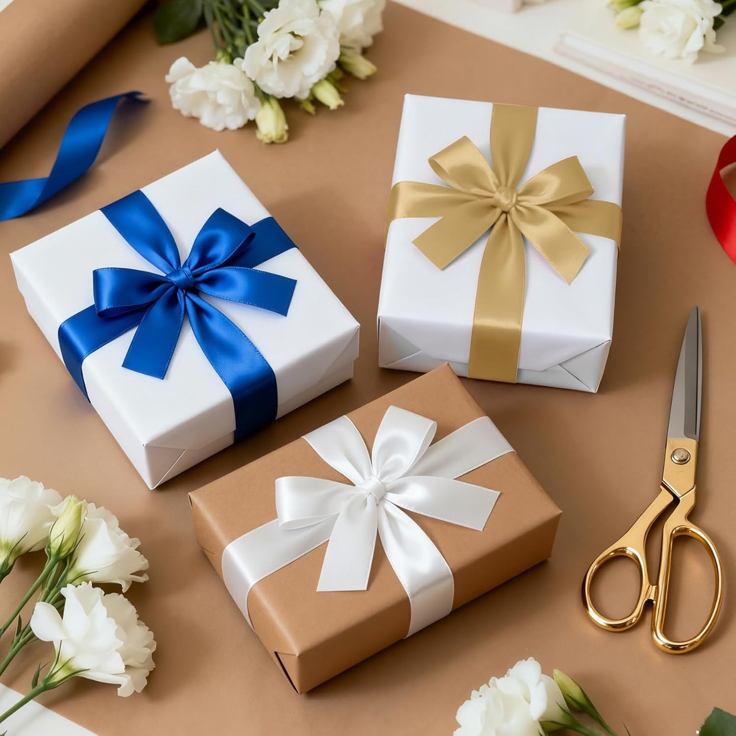 1-1/2 Inch 100 Yards Satin Ribbon Light Gold, Solid Color Fabric Ribbon for Gift Wrapping, Wedding, Polyester Gift Ribbon for Birthday Party Decoration, Craft, Hair, Floral, Sewing