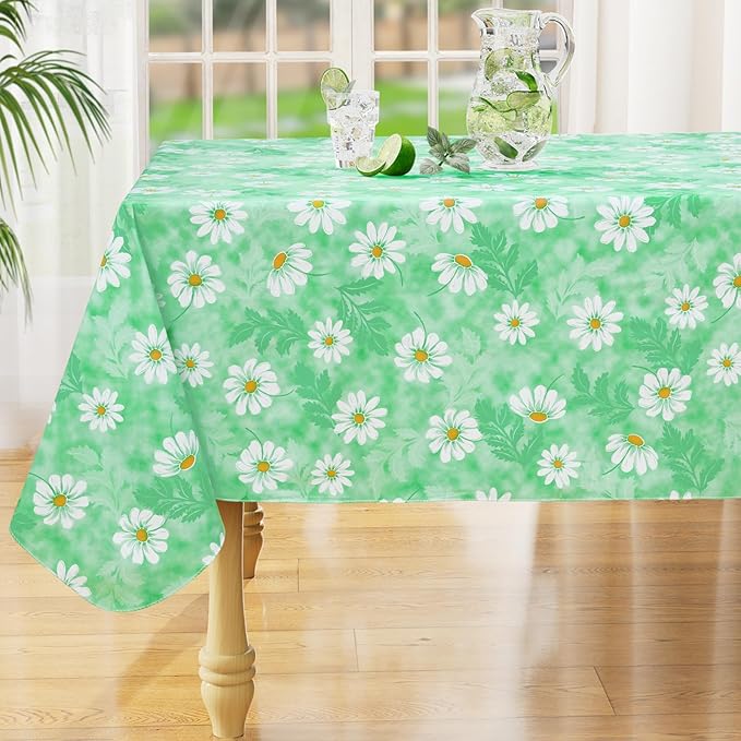 misaya Rectangle Waterproof Vinyl Table Cloth, Wipeable Tablecloth with Flannel Backing, Plastic Table Cover for Dinner, Picnic, Indoor and Outdoor (Green Daisy, 60" x 84")