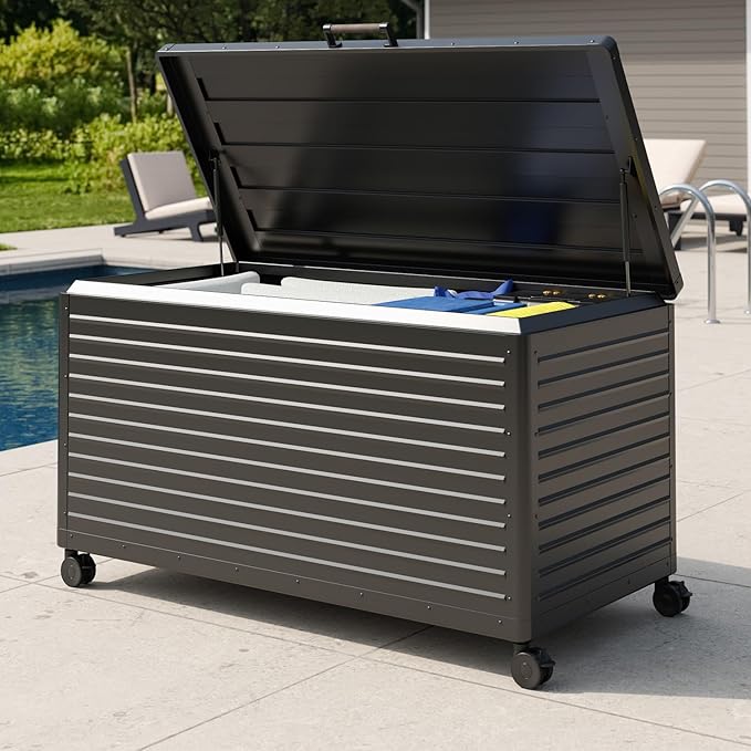 MIRADOR 175 Gallon Outdoor Storage Box Waterproof, Metal Deck Box with wheels for Patio Furniture, Garden Tools, Outdoor Cushion, Charcoal