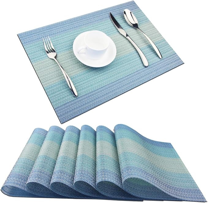PIGCHCY Placemat,Washable Woven Non-Slip Insulation Durable Placemat Vinyl Table Mat Set of 6 (6pcs Placemats, Coastal Blue)