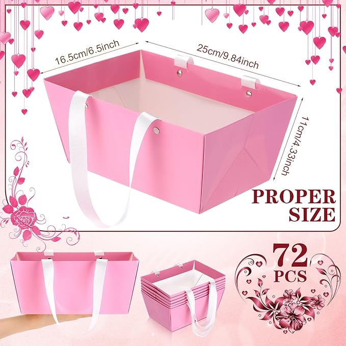 Glenmal 72 Pcs Baskets for Gifts Waterproof Empty Kraft Basket Bulk with Handles 9.8 x 6.5 x 4.3'' Gift Basket Empty to Fill for Wedding Party Christmas Valentines(Pink)