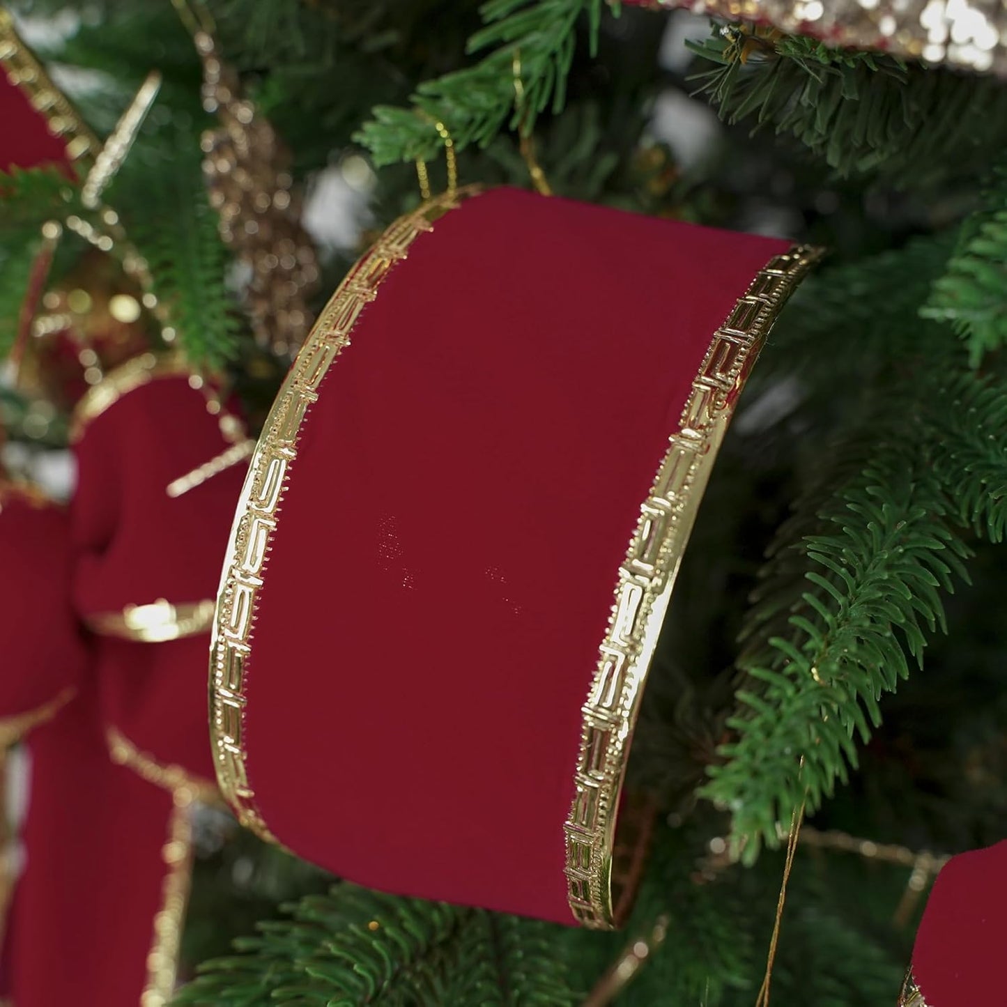 MEEDEE Burgundy Velvet 2.5 Inch Dark Red Christmas Ribbon 10 Yards Wired with Gold Greek Key Edge for Tree Decoration