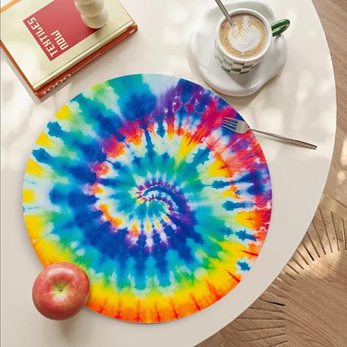 Faux Leather Placemats Set of 4,Colorful Spiral Tie-Dye Ding Table Round Placemat Soft and Easy Storage Heat-Resistant Waterproof Non-Slip Place Mats for Bedroom Decoration,13inch