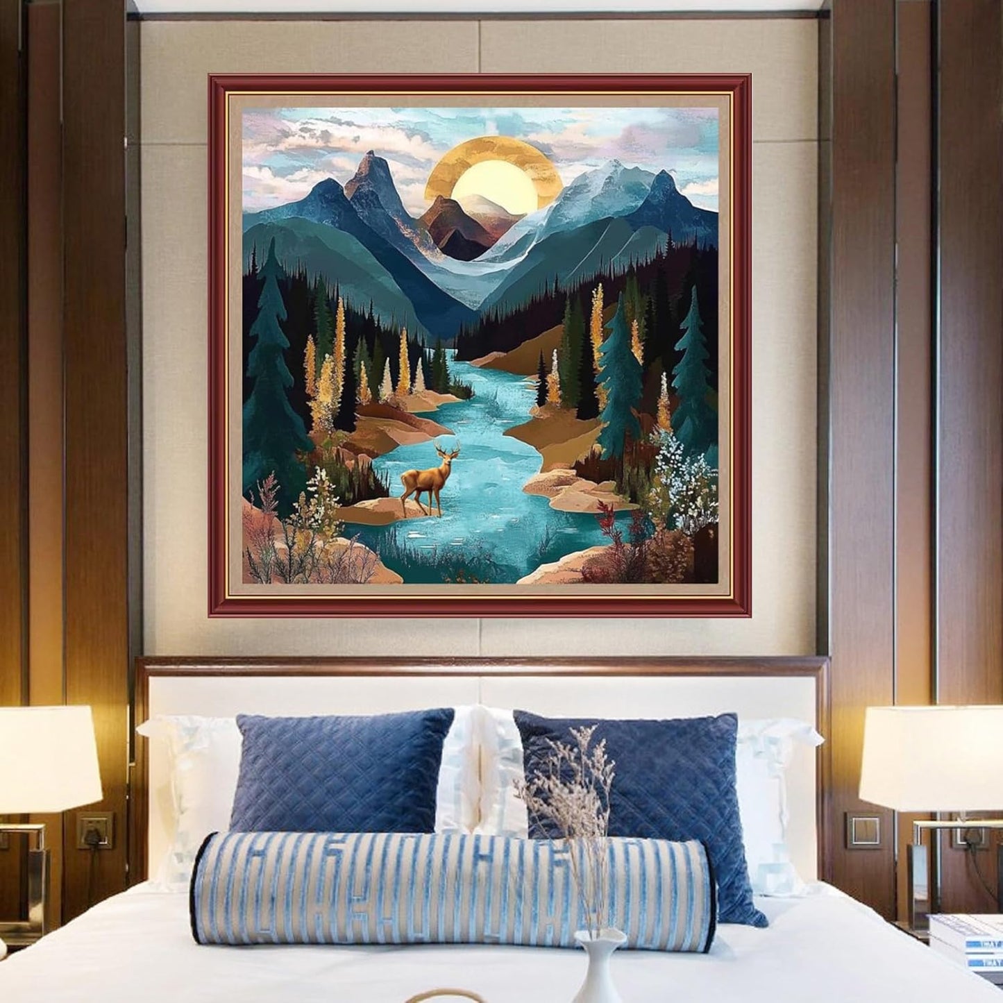 DMCXART Counted Cross Stitch Kits for Adults Needlepoint Kits Unprinted Cross Stitching Embroidery Kit 11CT Cross Stitch Supplies-Landscape of Mountains and Rivers 18x18 inch