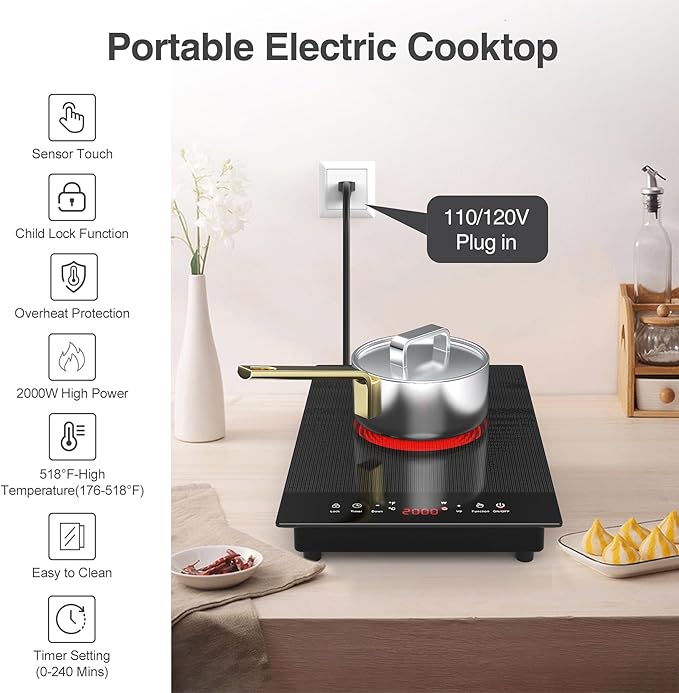 VBGK Electric Cooktop,110V Electric Stove Top,Single Burner Electric Cooktop LED Touch Control,9 Power Levels, Kids Lock &Timer,Overheat Protection,2000W Portable Burner