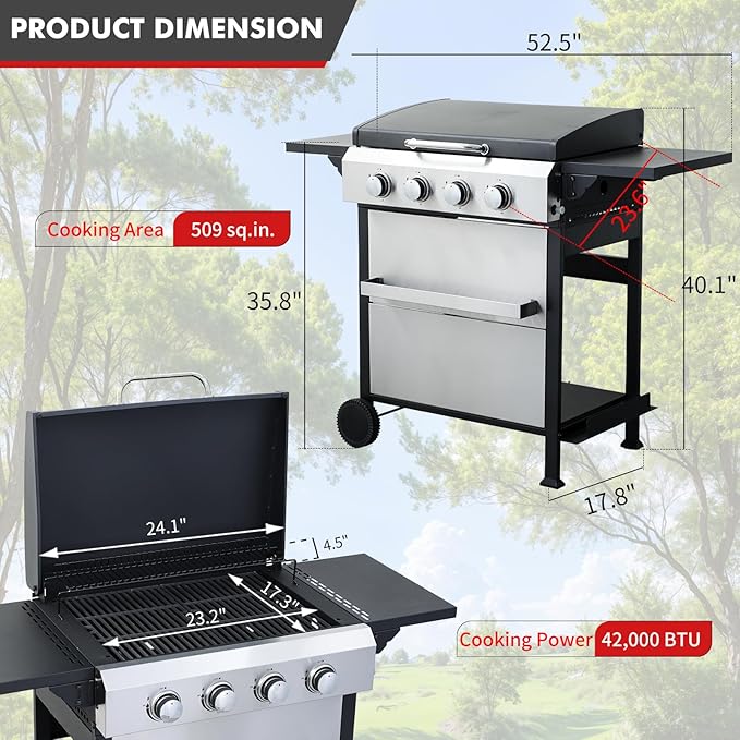 CIG GARDEN 4 Burner Propane Gas Grill, 42,000 BTU Output Flat Top BBQ Grill with Stainless Steel Griddle, Perfect for Outdoor Cooking, Balcony, Backyard, Camping, Barbecue