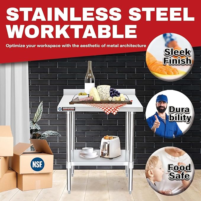 DuraSteel NSF Stainless Steel Table - 24 x 30 Inch Metal Work Table w/Undershelf - Commercial Kitchen, Restaurant, Garage, Laundry - Outdoor Stainless Steel Prep Tables Countertop Island Grill Small