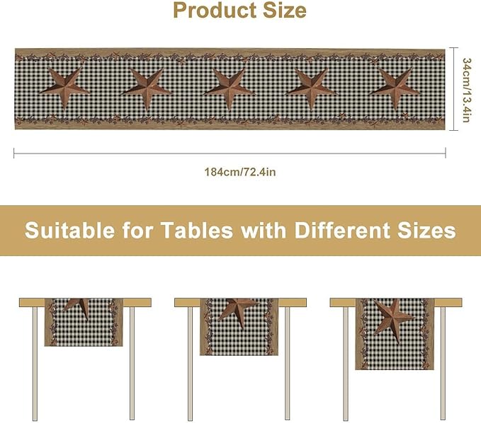 Rustic Star Table Runner, Vintage Wood Barn Black Grid Western Texas Farmhouse Country Print Table Runner for Home Party Patio Indoor Outdoor, 13x36inch