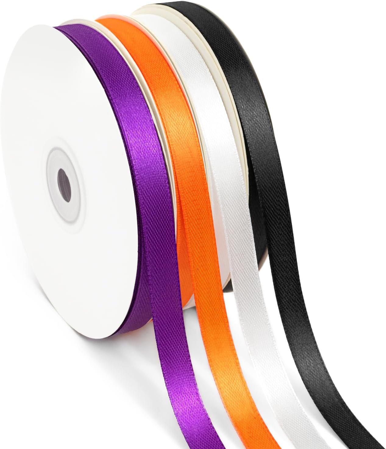 4 Rolls 200 Yards Halloween Ribbon, 3/8 Inch Polyester Satin Ribbon for Gift Wrapping, Halloween, Christmas and Birthday Party Decoration, Craft, Flower Bouquet, Sewing(Orange, Black, White, Purple)