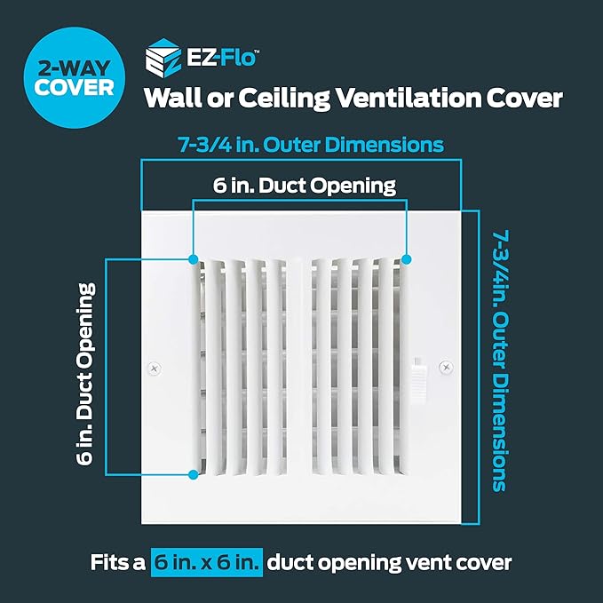 EZ-FLO 6 x 6 Inch (Duct Opening) Air Vent Cover for Wall or Ceiling, Two-Way Ventilation Register, Solid Steel HVAC Register Cover, White, 61660
