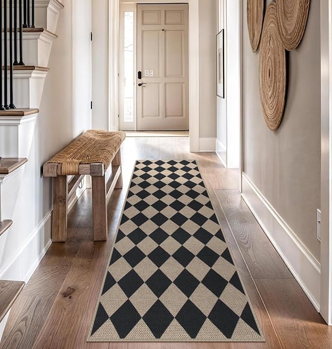 Easy Jute Checkered Runner Rug, 2.6x8 Black Modern Washable Rugs Runner for Hallway Non-Slip Kitchen Runner Rug, Geometric Diamond Indoor Outdoor Carpet for Porch Laundry Entryway