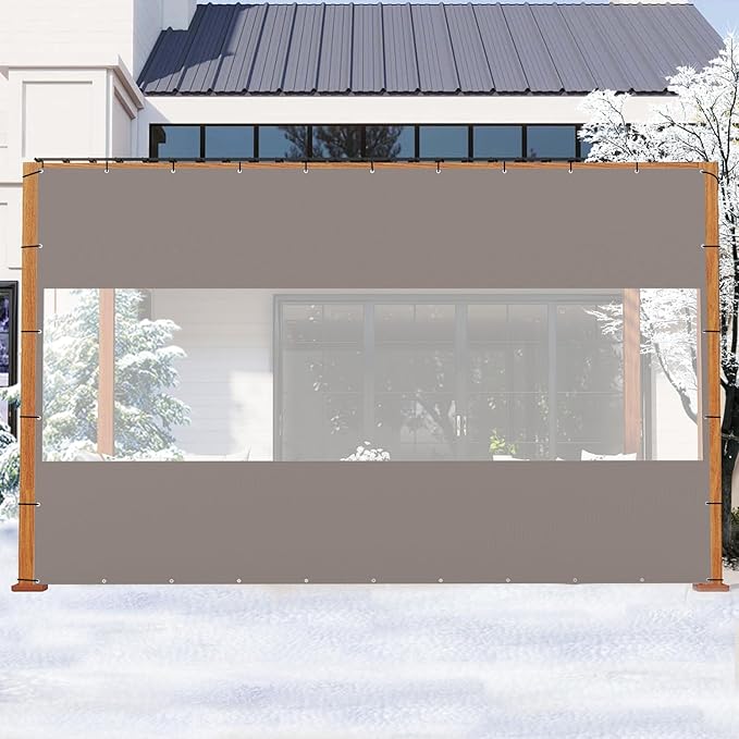 Domi Heavy Duty Outdoor Clear Panel Curtain, 18 oz Waterproof PVC Polyester Curtain, Weather Resistant & Tearproof for Patios, Gazebos, Pergolas, Privacy Screen (8'H x 12'W, Gray)