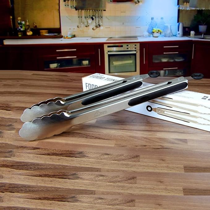 Hotec Stainless Steel Kitchen Tongs, Set of 2-9" and 12", Locking Metal Food Tongs for Cooking, Serving, BBQ, Grill Non-Slip Grip