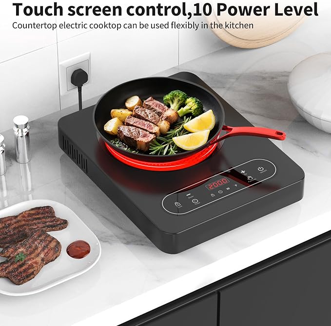 VBGK Single Burner Electric Cooktop,110V 1800W Electric Stove Top with LED Touch Control,10 Power Levels, 4 hTimer, Safety Lock,Portable cooktop,Overheat protection