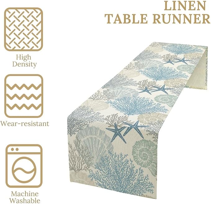 Blue Teal Coral Table Runners, Summer Beach Starfish Coastal Coffee Table Runners for Wedding Party Banquet Dining Holiday 13x70in