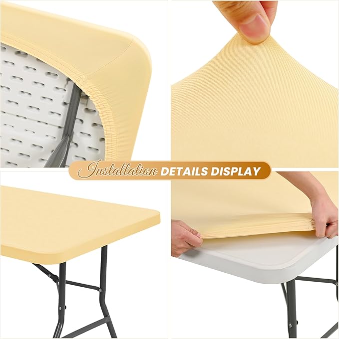 10 Pack Stretch Fabric Table Top Cap Cover, Beige Table Covers fits 8Ft Tables, Washable Elastic Universal Rectangle Tablecloth Protector for Indoor Outdoor Party Picnic Wedding (30" W x 96" L)