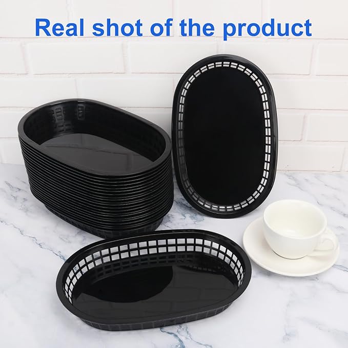 60 Pack Black Fast Food Baskets, 10.6 x 6.7 Inch Oval Black Plastic Food Baskets for Burgers, Fries, Sandwiches, Hot Dogs, Barbecues, Picnics, Parties, Durable and Safe