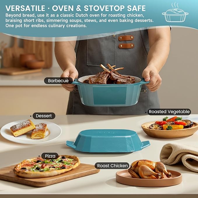 Enameled Cast Iron Dutch Oven for Bread Baking – 3QT Oval Round Heavy Duty Bread Pan with Lid, Non-Stick Ceramic Coating,Loaf Cast Iron Bread Oven for Sourdough, Baking, Roasting, Braising, Stovetop & Oven Safe