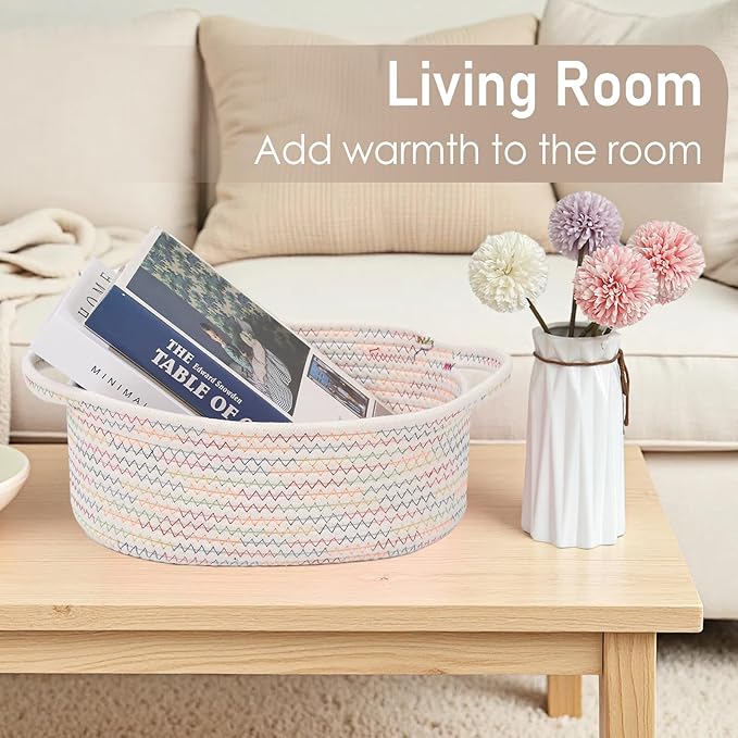 Woven Basket,Small Rope Storage Bin with Handles & Ribbon Bag, Organizer for Shelves Closets,Gift Basket Empty for Birthday,Books,Dog Toys, Colorful/3 Pack