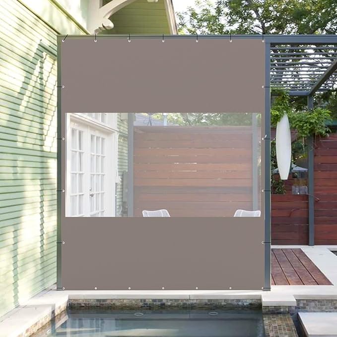 Domi Heavy Duty Outdoor Clear Panel Curtain, 18 oz Waterproof PVC Polyester Curtain, Weather Resistant & Tearproof for Patios, Gazebos, Pergolas, Privacy Screen (8'H x 7'W, Gray)