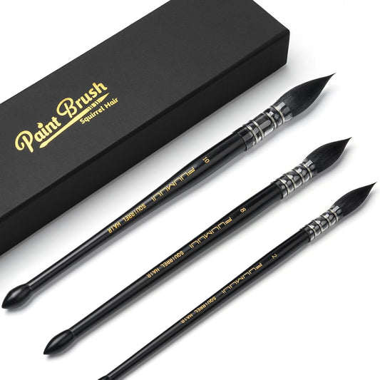 3PCS Squirrel Hair Watercolor Brushes, Fuumuui Professional Mop Round Quill Detail Fine Tip Watercolor Paint Brush Set for Water Color Gouache Ink Painting - Sizes #2, 8, 10