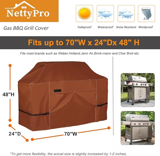 NettyPro Grill Cover for Outdoor Grill 70 inch Waterproof Heavy Duty Gas BBQ Grill Cover for Outside Weber, Char-Broil, Brinkmann, Jenn Air, Nexgrill 3-5 Burners Barbecue, Brown