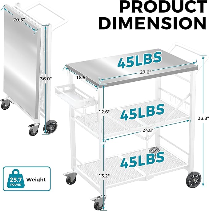 Ciokea Folding Outdoor Grill Cart with Wheels, 3-Shelf Grill Table with 27x18 inch Stainless Steel Top, Rolling Pizza Oven Stand, Metal Portable Cart for BBQ Patio Camping (White)