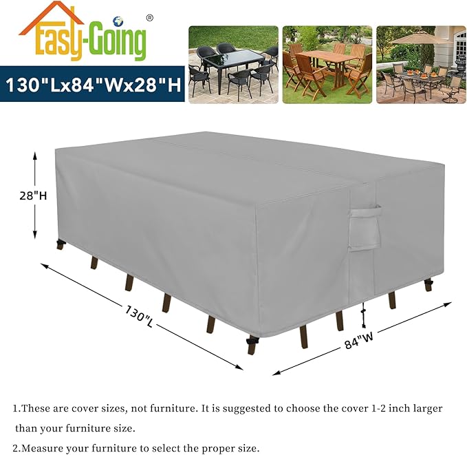 Easy-Going Rectangle Patio Furniture Cover Waterproof Outdoor Dining Table and Chair Cover Anti-UV Outside Sectional Sofa Set Covers (130"L x 84"W x 28"H, Grey)