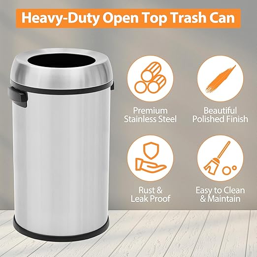 GarveeHome 17 gal/65 L Open Top Trash Can, Stainless Steel Rubbish Bin, Commercial Grade Waste Container, Round Garbage Can for Outdoor, Home Office, Restaurant, Silver
