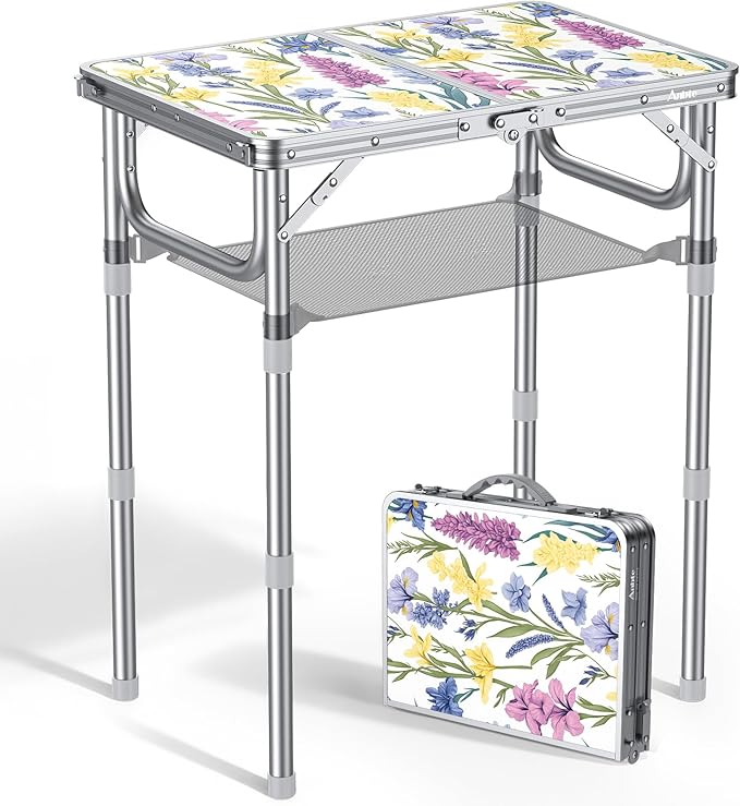 Anbte 2ft Folding Camping Table, 3 Adjustable Height Max 27.5" Small Folding Table with Storage Net Lightweight & Portable with Carry Handle, for Outdoor Indoor Camping Beach BBQ RV, Blooming Floral