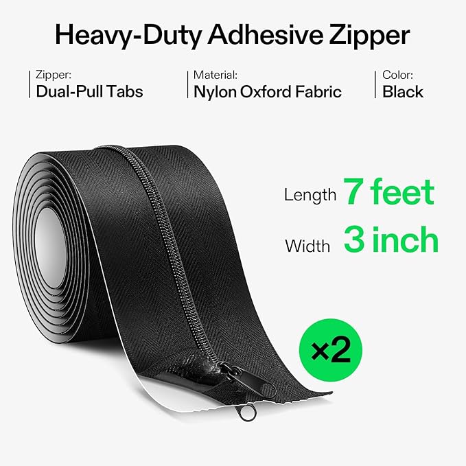 VIVOSUN 2-Pack Self Adhesive Zipper Door for Debris Barriers, 3In. x 7Ft. Peel & Stick, Heavy-Duty & Double-Sided Zipper for Tarp, Greenhouse, Indoor Outdoor Tent, Black