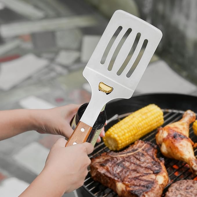 onlyfire 5PCS BBQ Tools, Heavy Duty Grill Kit with Wood Handles for Outdoor Camping, Multifunctional Griddle Utensil Set Including BBQ Spatula, Barbecue Tong, Meat Fork and Grate Liftes