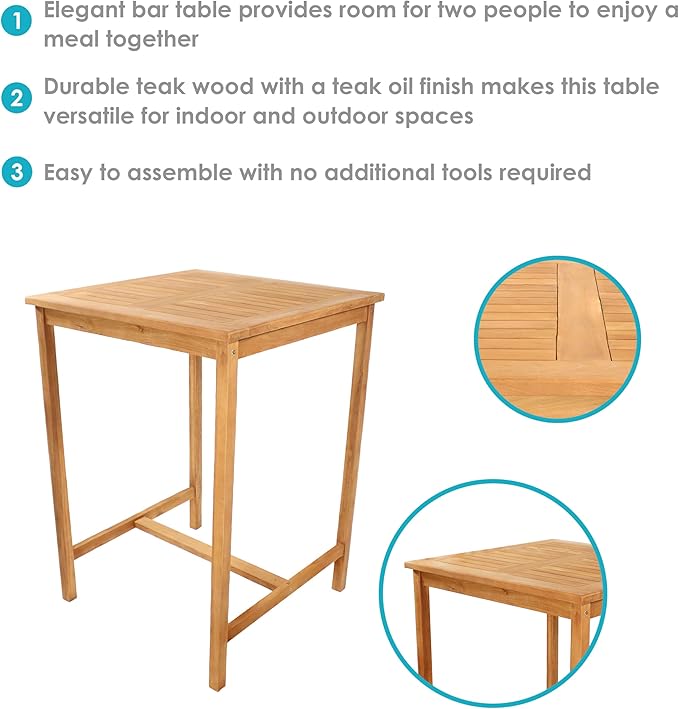 Sunnydaze 2-Person Solid Teak Wood Square Patio Bar Table - for Indoor or Outdoor Use - 31" Square x 43.5" H