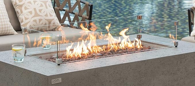 AMS Fireplace | Rectangular Fire Pit Glass Wind Guard for Madison Fire Pit (Light Gray) | Shielded from Patio Heater Flames | Tempered Glass with Polished Edges for Safety | Fire Table Glass Shield