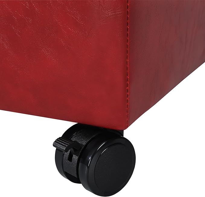 Homebeez Storage Ottoman Footrest Stool with Rolling Wheels, Red PU Leather Tufted Cube with Hinged Lid, 17.7" Multifunctional Furniture for Living Room, 300lb Capacity