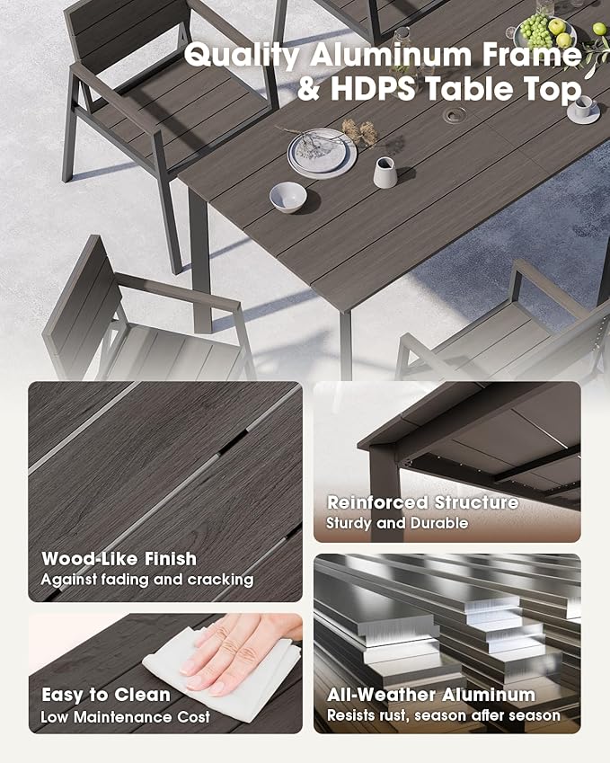 Patio Outdoor Dining Set for 6, Aluminum 7 Piece HDPS Outdooor Table and Chairs Set with Umbrella Hole, Modern Rectangular Patio Furniture Set with All-Weather Table & 6 Chairs (Charcoal)