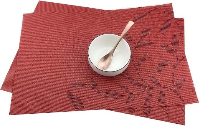 Gugrida Place Mats PVC Set of 6, Table Placemats Set of 6 PVC Table Mats Natural Color (6 pcs, Red Leaves)