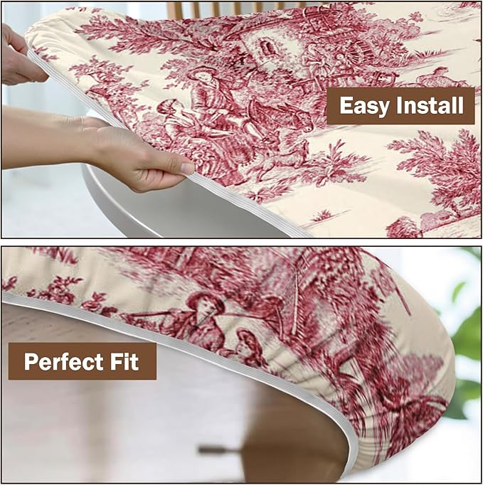 French Country Round Fitted Tablecloth with Elastic Vintage Red Circle Table Cloth for 48-52" Round Tables Wipeable Waterproof Rustic Burgundy Pink Village Table Cover for Dining Patio Picnic Decor