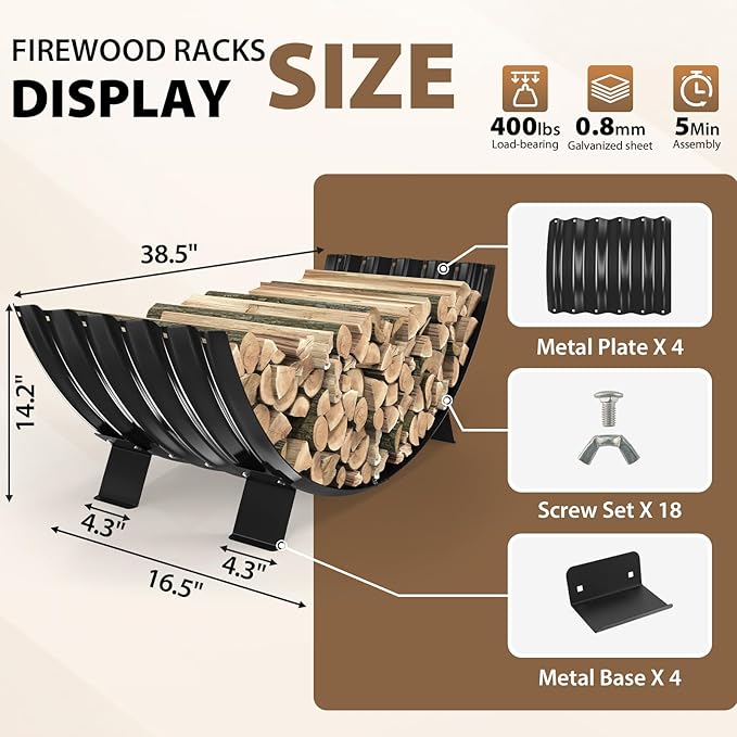 40 inch Diameter Sector Firewood Rack Storage -0.8MM Thick Galvanized Steel with Wave Pattern & 4 Stable Feet, Black Coated for Indoor/Outdoor Wood Storage (3.3FT Diameter)