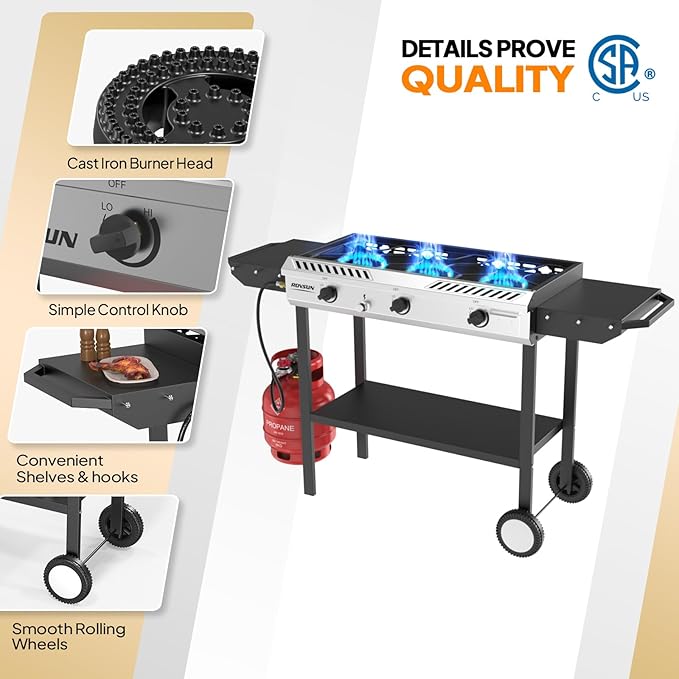 ROVSUN 3 Burner Propane Stove with Auto Ignition, 225,000 BTU Gas Stove with Side Shelves, Rolling Wheels & Regulator for Home Outdoor Backyard Camping Cooking Frying Brewing Canning